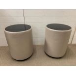 A pair of contemporary drum side tables with faux leather and glass top (H60cm Dia45cm)