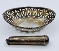 A small hallmarked silver pierced bowl and a silver hallmarked cheroot holder (40g)