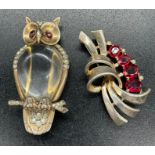 Trifari Vermeil Sterling Jelly Belly Owl fur clip Lucite Cabachon with clear & red pastes &