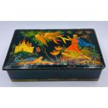 A Large Russian lacquered box, dated 1972 and signed to base of picture.(17cm x 10 cm x 4cm)