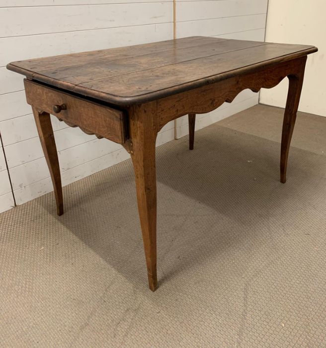 A French oak farm house table, three plank top with drawer C1840's (H78cm W128cm D83cm) - Image 2 of 3