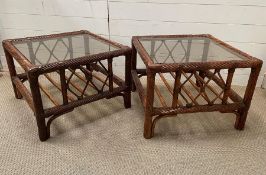 Two Bamboo glass topped side tables 57 cm sq by 41 cm high