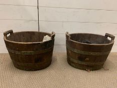 Two wooden buckets with brass banded handles