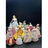 A selection of thirteen china figurines to include Coalport, Royal Doulton etc.