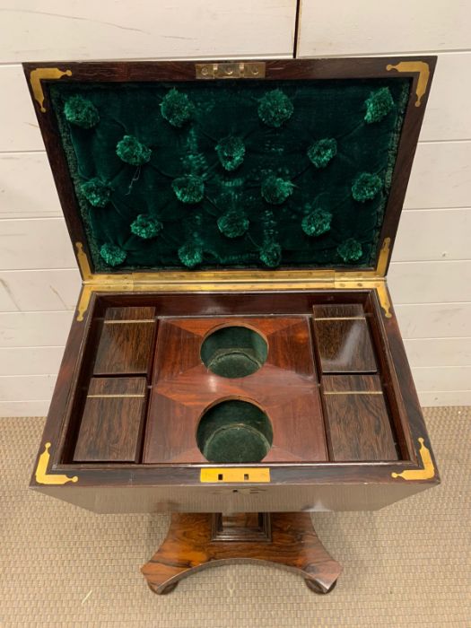 A Rosewood Teapoy, hinged top enclosing green velvet compartments interior on rectangular column ( - Image 3 of 6