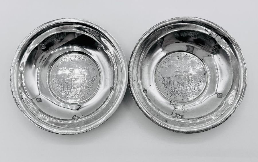 Pair of Sterling silver Queens Silver Jubilee commemorative pin dishes by Cooper Brothers Limited