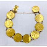 A gold bracelet made up of eight gold Five Franc gold coins from 1857 to 1860