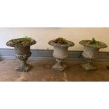 A trio of salvage urn shape garden planters (H46cm Dia40cm)