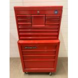 A Snap On tool cabinet box on wheels and tool cabinet on top complete with a large selection of