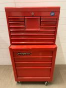 A Snap On tool cabinet box on wheels and tool cabinet on top complete with a large selection of