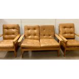 A Mid Century wooden suite with faux leather seats