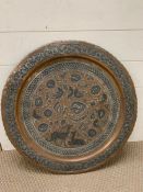 A tin on copper tray with deer to front possibly Persian (Dia60cm)