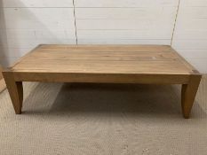 An oak coffee table with chrome inlay and chrome bows to top (180 cm w x 80 cm d x 45 cm h)