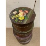 A set of four nesting decorative wooden boxes with floral theme (Largest H21cm Dia35cm)