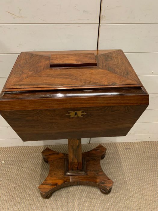 A Rosewood Teapoy, hinged top enclosing green velvet compartments interior on rectangular column ( - Image 2 of 6