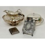 A selection of silver plated items and EPNS to include a muffin dish, pierced bowl, sauce boat,