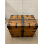 A Steel Banded pine travel or silver trunk with inset removable shelf etc (H66cm W80cm D50cm)