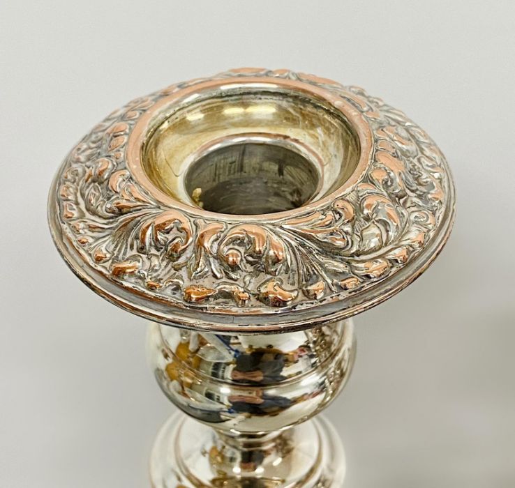 A pair of substantial three light silver on copper candlesticks - Image 2 of 5