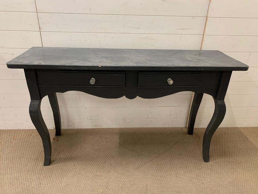 A dark grey painted console table with two drawers on cabriole legs (13cm w x 42cm d x 78cm h)