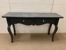 A dark grey painted console table with two drawers on cabriole legs (13cm w x 42cm d x 78cm h)