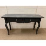 A dark grey painted console table with two drawers on cabriole legs (13cm w x 42cm d x 78cm h)