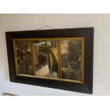 An oak framed triple paneled scene with mirror to centre (90x60cm)