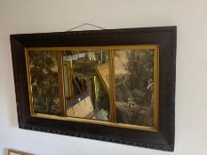 An oak framed triple paneled scene with mirror to centre (90x60cm)