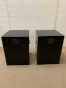A Pair of OKA black bedside cabinets, lift up tops (45cm sq x 60cm high)