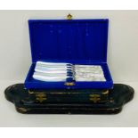 Three cased set of cutlery to include: Box of six mother of pearl style handled butter knives,