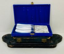 Three cased set of cutlery to include: Box of six mother of pearl style handled butter knives,