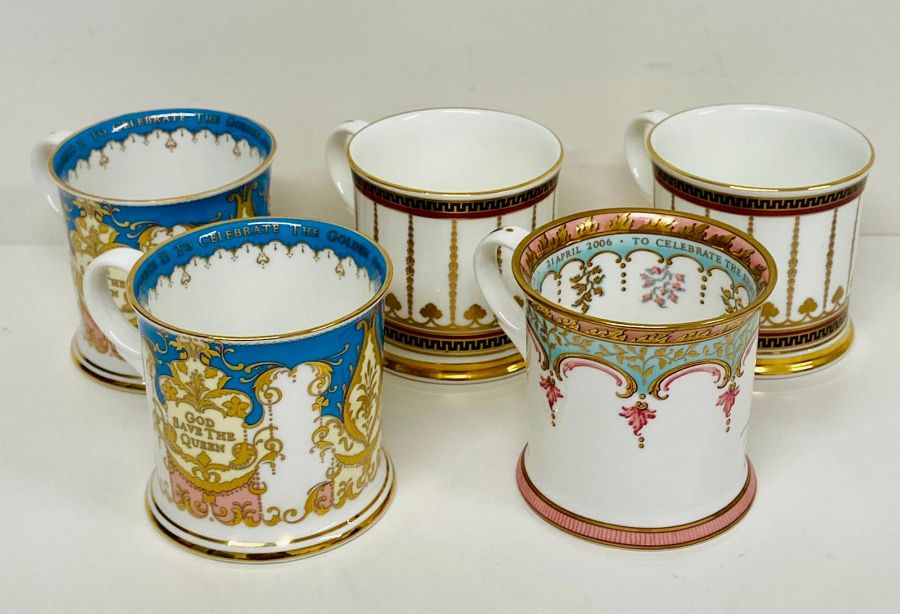 A selection of five royal Collection mugs including two from Buckingham Palace 1996.