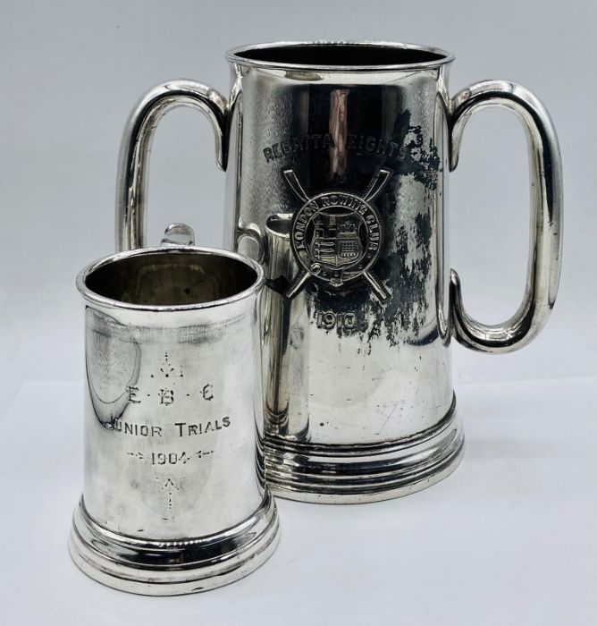 Two commemorative Rowing tankards one two handled glass bottomed from 1910 (18cm h)