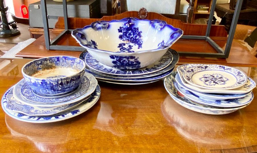 A large selection of blue and white platters, bowls, dishes and plates various makers - Image 7 of 8