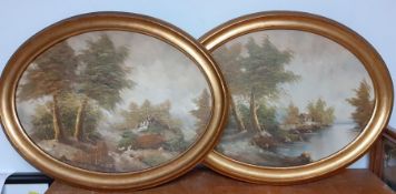 A pair of oval landscapes paintings, illegibly signed, gilded framed (50x69 cm). (2)