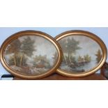 A pair of oval landscapes paintings, illegibly signed, gilded framed (50x69 cm). (2)