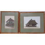 A 20th century Japanese school, 'Traditional house', signed, watercolour, within a faux bamboo frame