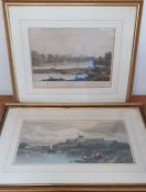 A pair of hand-coloured prints depicting Windsor Castle, framed and glazed, (22x41 cm largest). (2)