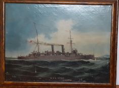 The battleship "HMS Astrea", oil on canvas, framed, (43x59 cm).