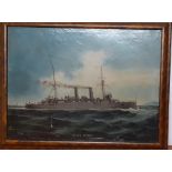 The battleship "HMS Astrea", oil on canvas, framed, (43x59 cm).