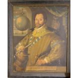 Portrait of Francis Drake, following an engraving published by Joducus Hondius in 1577, oil on