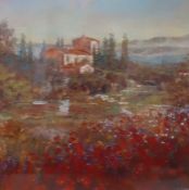 "Provencal Village", a framed and glazed print, (60x60 cm).