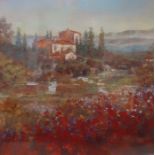 "Provencal Village", a framed and glazed print, (60x60 cm).