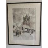 A drawing of a churchyard scene signed B.H. Dunn (Frame size 47.5x61.5cm)