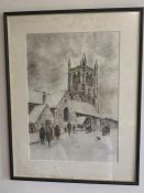 A drawing of a churchyard scene signed B.H. Dunn (Frame size 47.5x61.5cm)