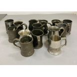 Fourteen half pint pewter vessels, various makers marks to include tankers, cider cups, etc