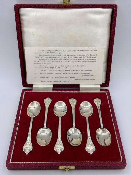 A Boxed set of six hallmarked silver reproduction Charles II 'Trifid' or Lace Back spoons by Francis