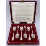 A Boxed set of six hallmarked silver reproduction Charles II 'Trifid' or Lace Back spoons by Francis