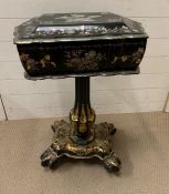 A Japaned Work or Sewing Box with mother of pearl detailing and fitted compartments.