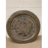 A tin on copper tray with deer to front possibly Persian (Dia60cm)