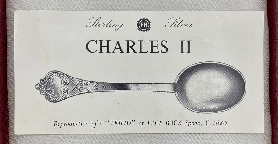 A Boxed set of six hallmarked silver reproduction Charles II 'Trifid' or Lace Back spoons by Francis - Image 5 of 6